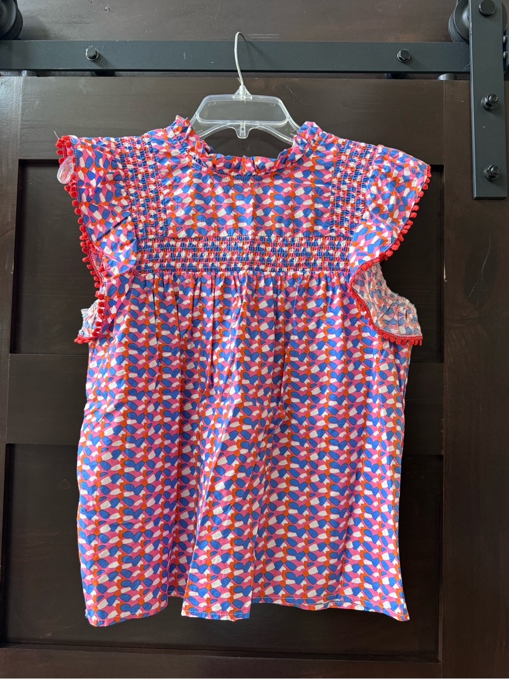 THML Smocked Ruffle Sleeve Geometric Print Top